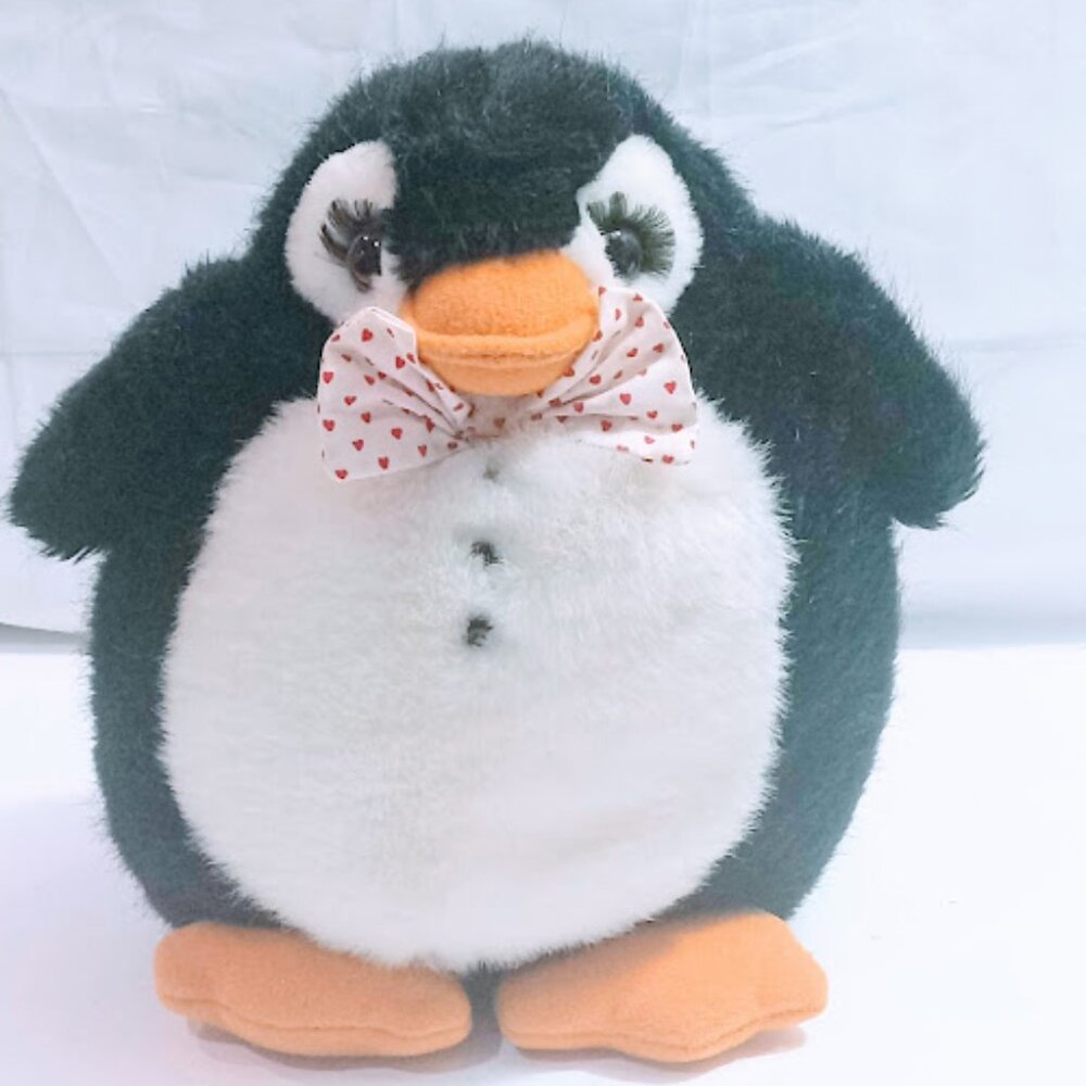 Russ Berrie Fairbanks Plush Penguin Stuffed Animal 7" Tall Heart Bow Tie Plush